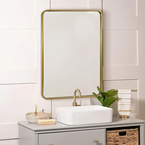 Vista 9 de Espejo de latón para baño, espejo rectangular redondeado de 22x30 pulgadas con marco de metal cepillado dorado, espejo de tocador de baño sin