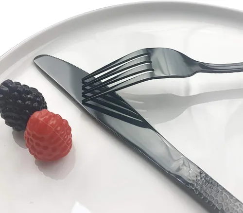 Vista 6 de JASHII Juego de cubiertos de 4 piezas de acero inoxidable negro forjado con mango martillado, servicio para 1 pulido de espejo, apto