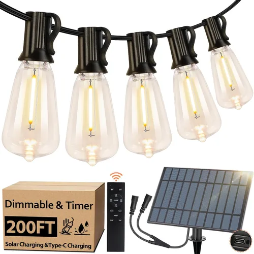 Vista 11 de 100 pies de luces de cadena solar para exteriores con control remoto, luces LED recargables por USB para patio con 52 bombillas ST38 Edison