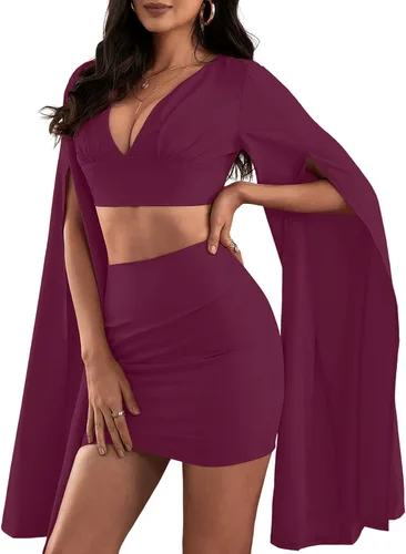 Vista 5 de LYANER Conjunto de 2 piezas para mujer con blusa corta de manga larga y minifalda fruncida