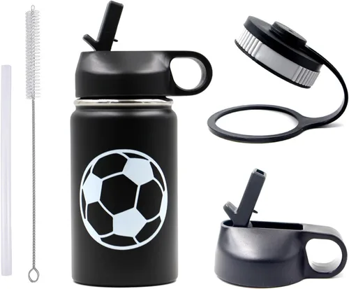 Vista 15 de Botella de agua de baloncesto de 12 onzas, botella de agua deportiva aislada al vacío de acero inoxidable con popote y 2 tapas, botella de agua