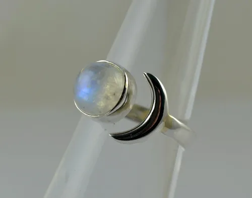Vista 5 de Navya Craft Anillo de plata de ley 925 con piedra lunar y luna creciente, ajustable, para mujer, piedra lunar arcoíris natural, joyería hecha a