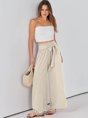 Vista 6 de Caracilia Pantalones de descanso de pierna ancha para mujer con bolsillos, cintura alta, pantalones palazzo largos y fluidos, ajustables, con nudo