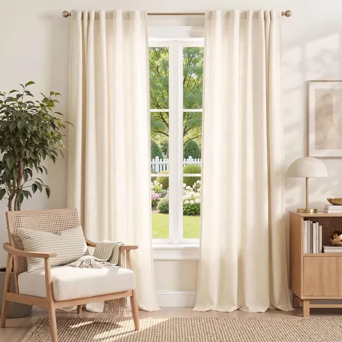 Vista 20 de Jinchan Cortinas de aspecto yute de 63 pulgadas de largo, cortinas texturizadas para sala de estar, cortinas filtradoras de luz de estilo rústico
