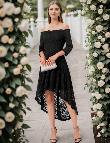 Vista 5 de Dressystar Vestido tipo cóctel, de encaje, para mujer, vestido irregular con vuelo y hombros descubiertos, para dama de honor, fiesta formal