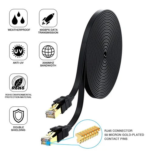 Vista 3 de Cable Ethernet Cat 8 de 30 pies, cable de conexión LAN de Internet plano blindado negro de alta velocidad, 26 AWG 40 Gbps 2000 Mhz SFTP con chapado