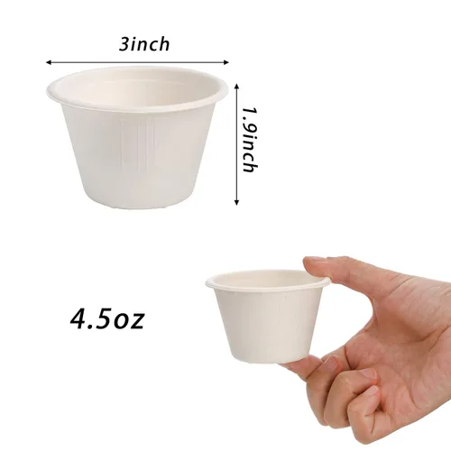Vista 2 de SOUJOY Paquete de 100 vasos desechables con tapas, taza de helado compostable de bagazo de 4.5 onzas, recipiente pequeño de muestra de condimentos