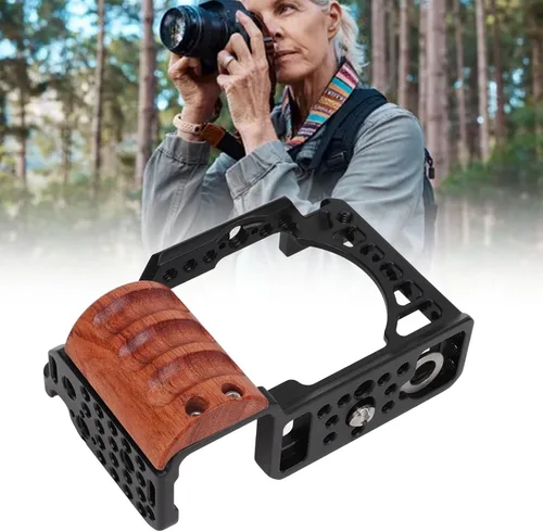 Vista 3 de Jaula de cámara de aleación de aluminio con mango de madera, interfaz de zapata fría, marco protector para Sony A6400 A6300 A6100 A6000 - Diseño