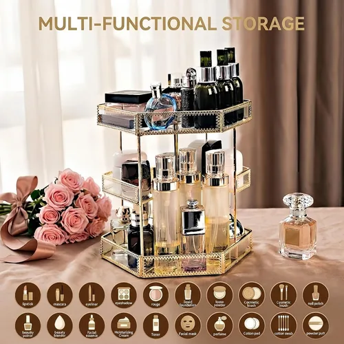 Vista 6 de ZOOFOX Organizador de maquillaje de vidrio giratorio de 360 grados, soporte grande de almacenamiento de cosméticos con ribete dorado para tocador