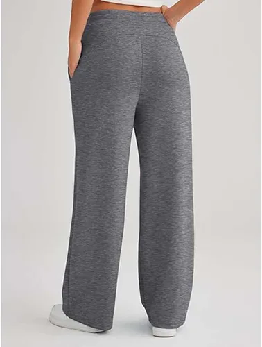 Vista 3 de ERTUPE Pantalones deportivos de pierna ancha para mujer, cintura alta, pierna recta, para otoño, holgados, acampanados, con cordón, pantalones