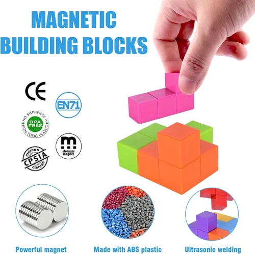 Vista 3 de WorWoder Bloques de construcción magnéticos para niños, cubos magnéticos 3D rompecabezas mágicos, juego de 7 bloques magnéticos de múltiples formas