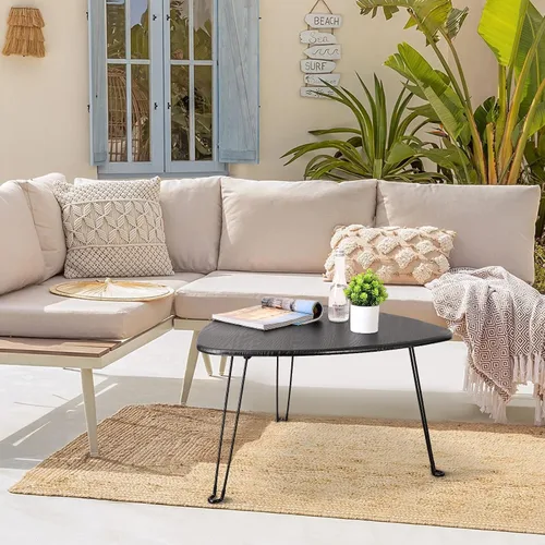 Vista 3 de Mesa de centro plegable negra de madera triangular para sentarse en el suelo, mesas auxiliares pequeñas ovaladas, mesa de centro moderna de mediados