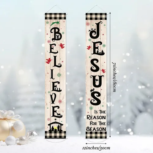 Vista 2 de Tiamon Cartel de Navidad para porche delantero, letrero de belén religioso de invierno, cartel colgante de vacaciones, decoración de Navidad