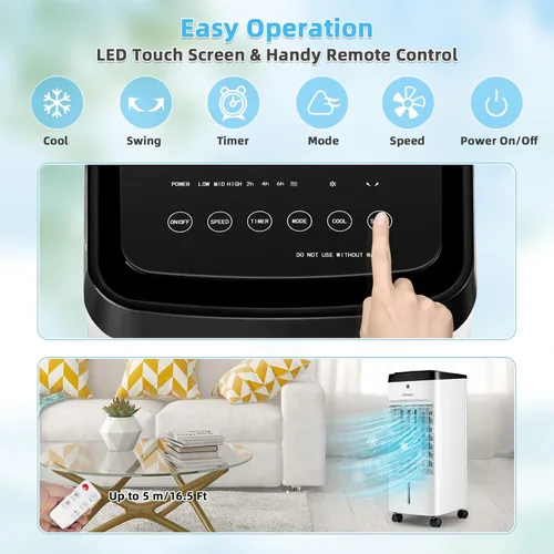 Vista 4 de COSTWAY Enfriador de aire evaporativo, 3 en 1 portátil, silencioso y humidificador con control remoto, 4 modos, oscilación de 70°, temporizador
