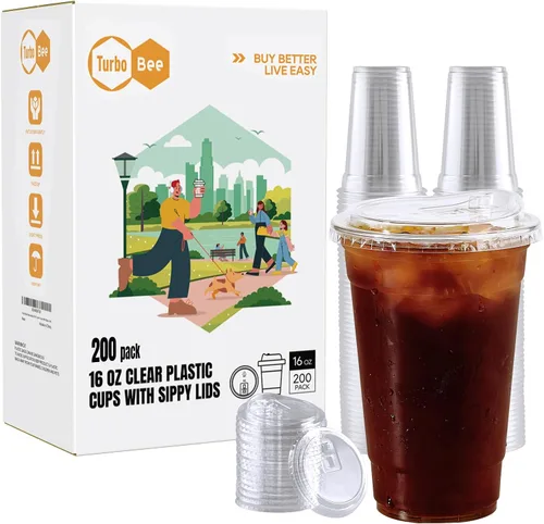 Vista 8 de Turbo Bee 12 OZ 200 Juegos Vasos de Plástico Transparente Cristalino con Tapas para Sorber sin Pajilla, Vasos de Plástico Desechables Transparentes