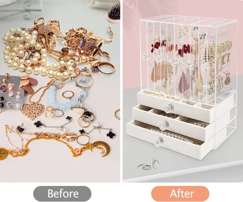 Vista 5 de Jenseits Acrylic Jewelry Holder, Clear Earring Organizer with 3 Drawers, Velvet Hanging Jewelry Stand Storage for Necklace Earrings Ring Bracelet