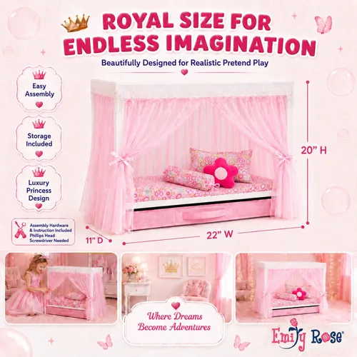 Vista 7 de Emily Rose Cama con dosel de princesa de 18 pulgadas, madera blanca con cortinas de tul rosa, juego de ropa de cama de 5 piezas y cajón