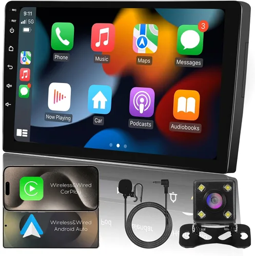 Vista 10 de 9" IPS Visualización Completa Táctil 2+32G Radio de Coche Doble Din Receptores de Audio Vídeo Estéreo con CarPlay Inalámbrico Android Auto Cámara