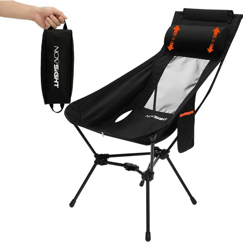 Vista 11 de Silla de camping portátil de respaldo alto con reposacabezas y pies Panel de línea de contorno negro