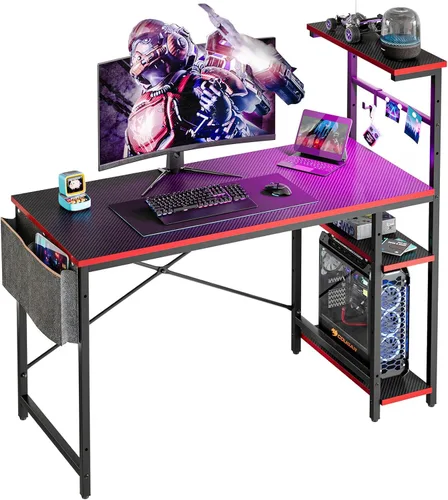 Vista 22 de Bestier - Escritorio de juegos con luces LED, escritorio para PC de 44 pulgadas para espacios pequeños, escritorio de computadora con estantes