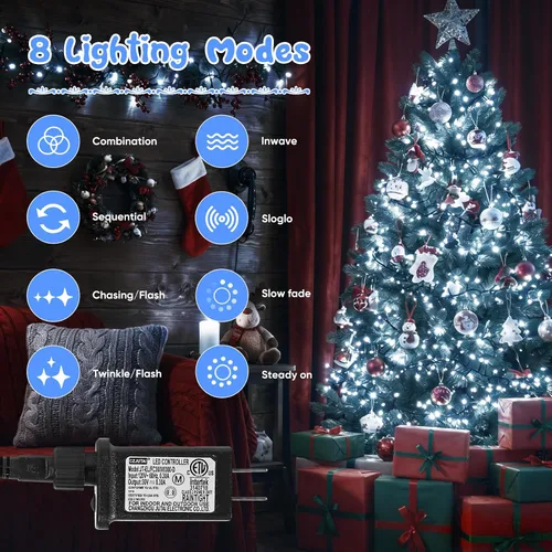 Vista 3 de Quntis Luces de árbol de Navidad en racimo, 1000 LED, impermeables, para exteriores, 33 pies, luces de racimo de petardo de Navidad parpadeantes, 8