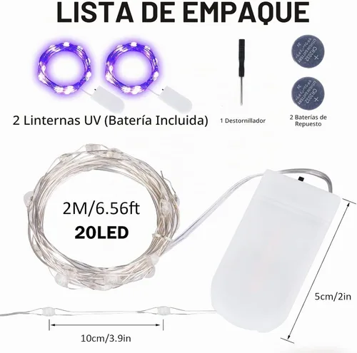 Vista 7 de Luces LED negras UV a pilas, paquete de 2 luces LED de 6.56 pies, 20 luces LED UV, accesorios de luz negra flexibles, luces de hadas moradas