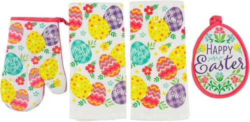 Vista 17 de Serafina Home Easter Kitchen Towel Set with Pot Holders, Spring Colored Eggs Design, 100% Cotton, White Orange Green, 5 Piece Set