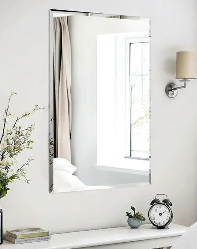 Vista 29 de Espejo de pared ovalado sin marco: Espejo decorativo elíptico de vidrio espejado para tocador con borde plateado biselado para baño, dormitorio