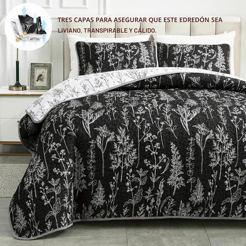 Vista 3 de Joyreap Juego de edredón de 2 piezas individual, diseño botánico reversible negro y blanco, colcha de microfibra suave y suave, funda de cama