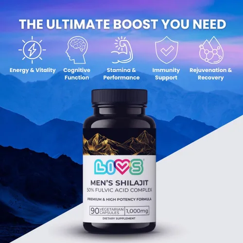 Vista 2 de LIVS Cápsulas puras de Shilajit del Himalaya para hombres, 1000 mg por porción con 50% de ácido fúlvico y más de 85 minerales traza, energía