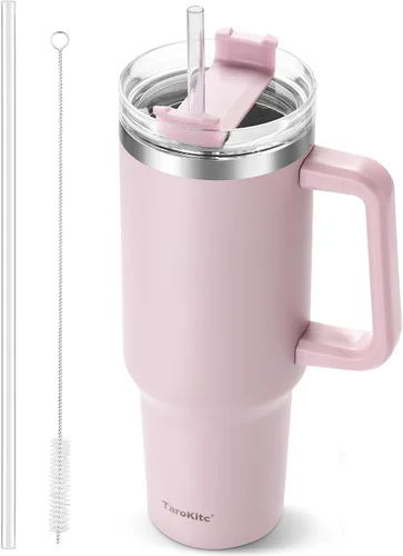 Vista 9 de TaroKitc Vaso de 30 onzas con asa y popote abatible, botella de agua aislada al vacío de triple pared, taza de viaje reutilizable a prueba de fugas
