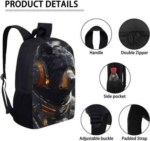 Vista 2 de AmzPrint Mochila negra para niños y niñas de 17 pulgadas con estampado de animales, ligera, mochila escolar para estudiantes, Oso, Classic