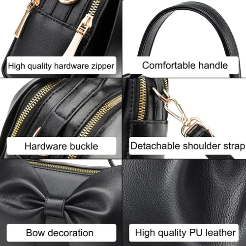 Vista 6 de Bolso de hombro para mujer, bolso de piel sintética para niñas, bolso con lazo y asa superior, bolso cruzado para mujer