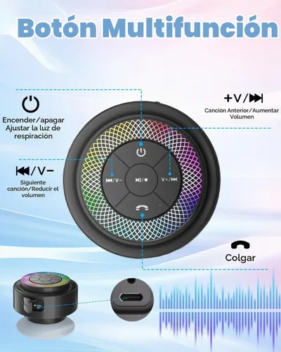 Vista 9 de Altavoz de ducha Bluetooth, IP67 impermeable altavoces portátiles con ventosa, espectáculo de luces, micrófono integrado, mini altavoz para baño