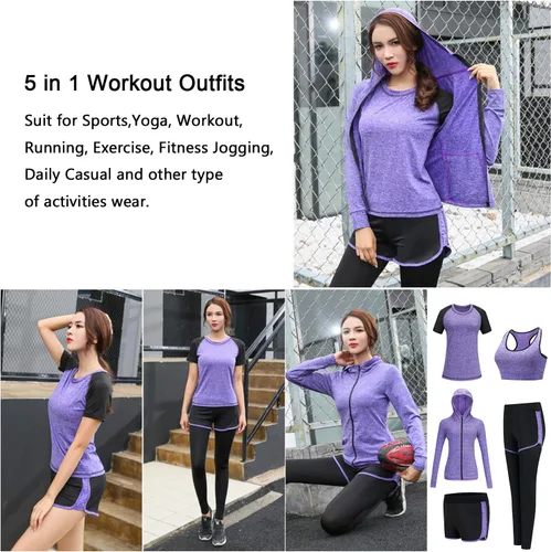 Vista 3 de XPINYT 5 piezas de trajes de entrenamiento para mujer, conjuntos atléticos, trajes deportivos, yoga, gimnasio, fitness, ejercicio, ropa para correr