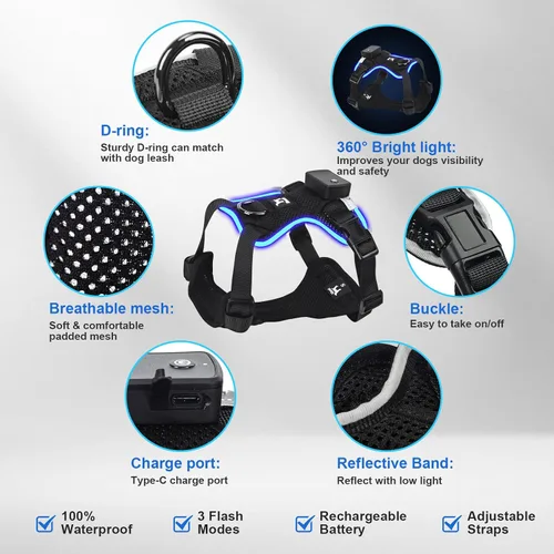 Vista 2 de Light Up Dog Harness, No-Pull Led Dog Harness Rechargeable, Glow in the Dark, LED Dog Vest Reflective, Adjustable & Comfort Padded Lighted Dog
