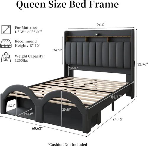 Vista 2 de SIBEDS Base de cama Queen con cabecera de almacenamiento de 2 niveles, cama de plataforma Aurora de piel sintética con proyector Galaxy Star, base