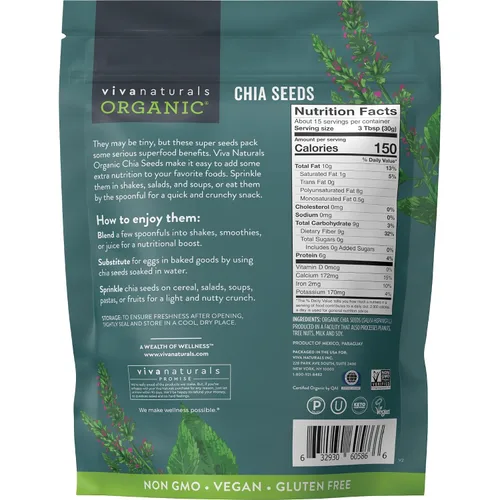 Vista 7 de Viva Naturals Semillas orgánicas de chia, 1 lb (454 g) – Omega-3 de origen vegetal y proteína vegana, sin gluten y sin OGM, perfectas para batidos