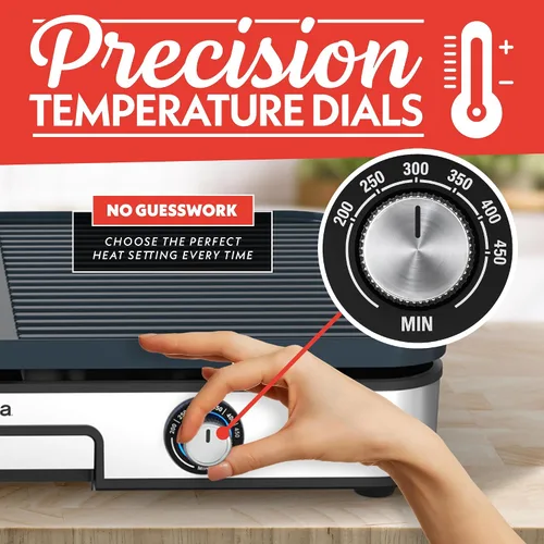 Vista 4 de Gourmia - Combo eléctrico de parrilla y plancha para interiores 3 en 1 – Zonas de cocción duales independientes, placas de cerámica antiadherentes