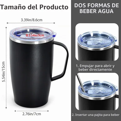 Vista 2 de Botella aislada de acero inoxidable, paquete de 2 vasos de 16 onzas Negro y negro