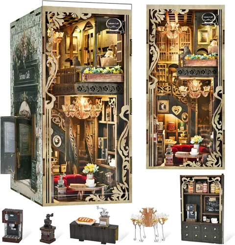 Vista 18 de CCCDF - Kit de manualidades para rincón de lectura de biblioteca, kit de casa de muñecas en miniatura, rompecabezas de madera 3D con luces LED