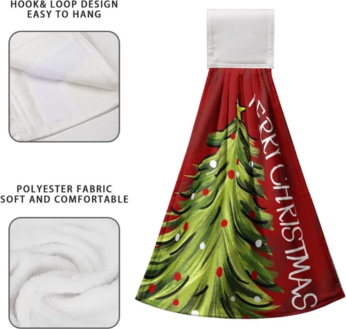 Vista 5 de Toallas de cocina colgantes con diseño de árbol de Navidad, color rojo y verde, toalla de mano de Navidad con lazo para colgar, toallas de cocina