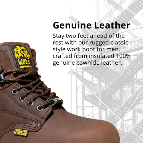 Vista 2 de Wolf Work Boot 100% Genuine Upper Leather Oil Impact Electrical Hazards Non-Slip Rubber Sole Tan Nubuck Plain Toe Padded Collar