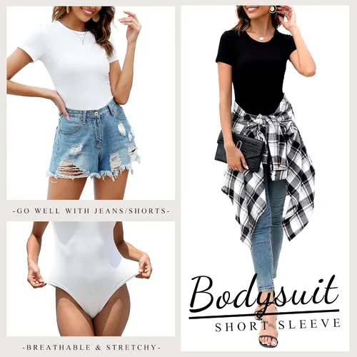 Vista 4 de Paquete de 5 mamelucos de manga corta para mujer, cuello redondo, casual, elástico, camiseta básica