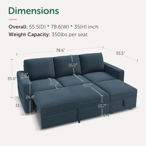 Vista 2 de HONBAY Sofá cama modular modular con cama extraíble, sofá en forma de L con almacenamiento, sofás modulares seccionales para sala de estar