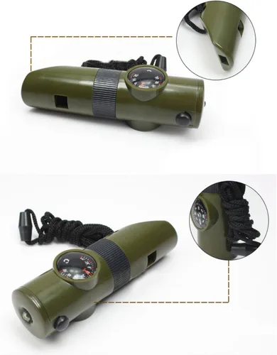 Vista 3 de TrendBox Multifuncional 7 en 1 camping senderismo silbato al aire libre con brújula lupa linterna LED termómetro para supervivencia de emergencia