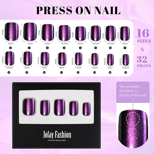 Vista 6 de Jofay Fashion - Uñas cortas a presión con diseño de ojo de gato, elegantes uñas cuadradas moradas, uñas postizas de gel suave, uñas postizas