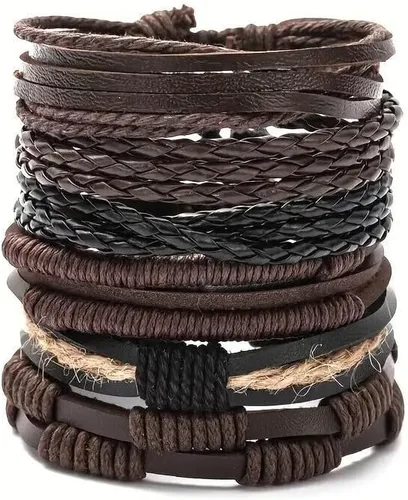 Vista 2 de Pulsera ajustable de cuero trenzado para hombre, 24 unidades, Cuero, cuero