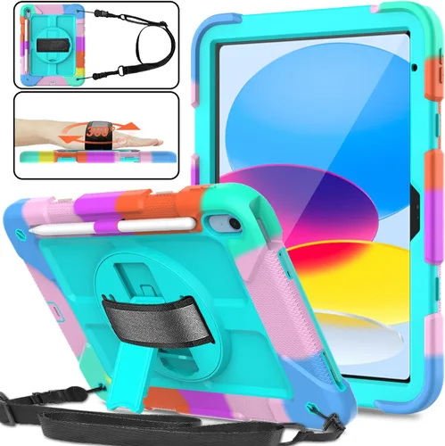Vista 10 de Funda para iPad de 10.9 pulgadas 2022, duradera, ligera, a prueba de golpes, con soporte para lápices, soporte giratorio de 360º, correa