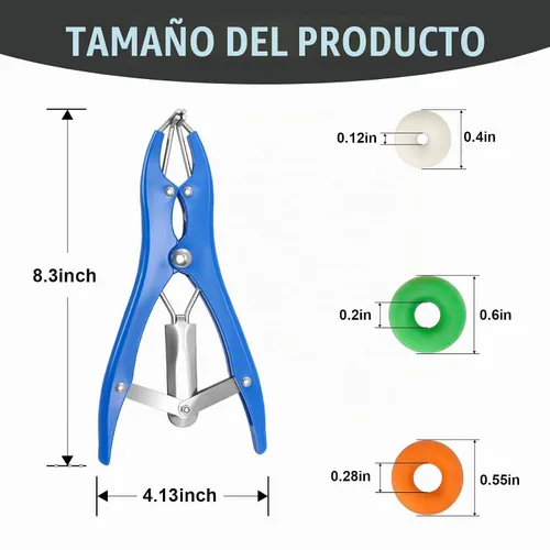 Vista 3 de Kit de Anillado para Cabras, Elastrador de Acero Inoxidable con 200 Piezas de Bandas de Goma de 3 Tamaños y Herramienta Expansora para el Manejo